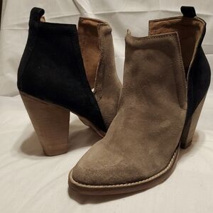 Jeffrey Campbell taupe black heeled bootie leather suede